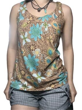 Brown Floral Scoop Tank Top with Turquoise Accents